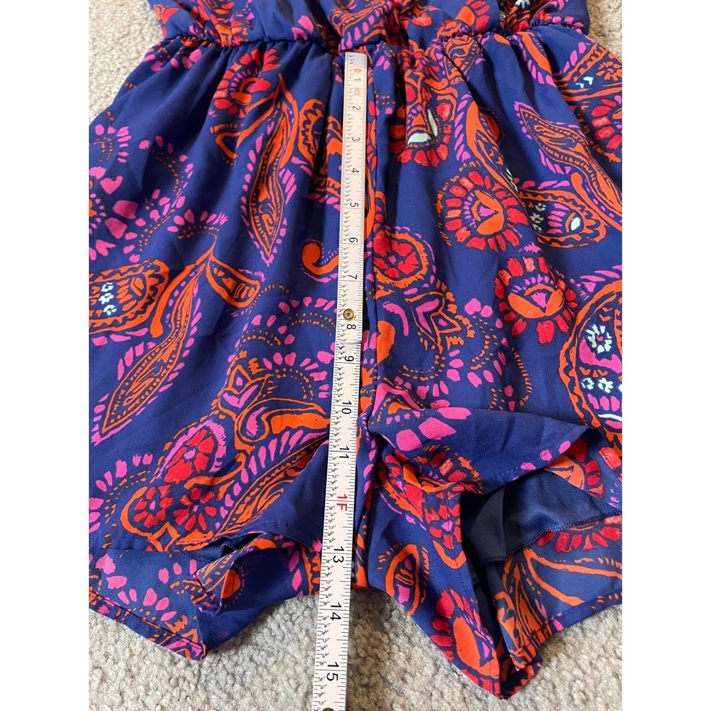 Floral Paisley Print Romper Sz M Orange Pink V-Neck Elastic Waist USA Made - Picture 6 of 12